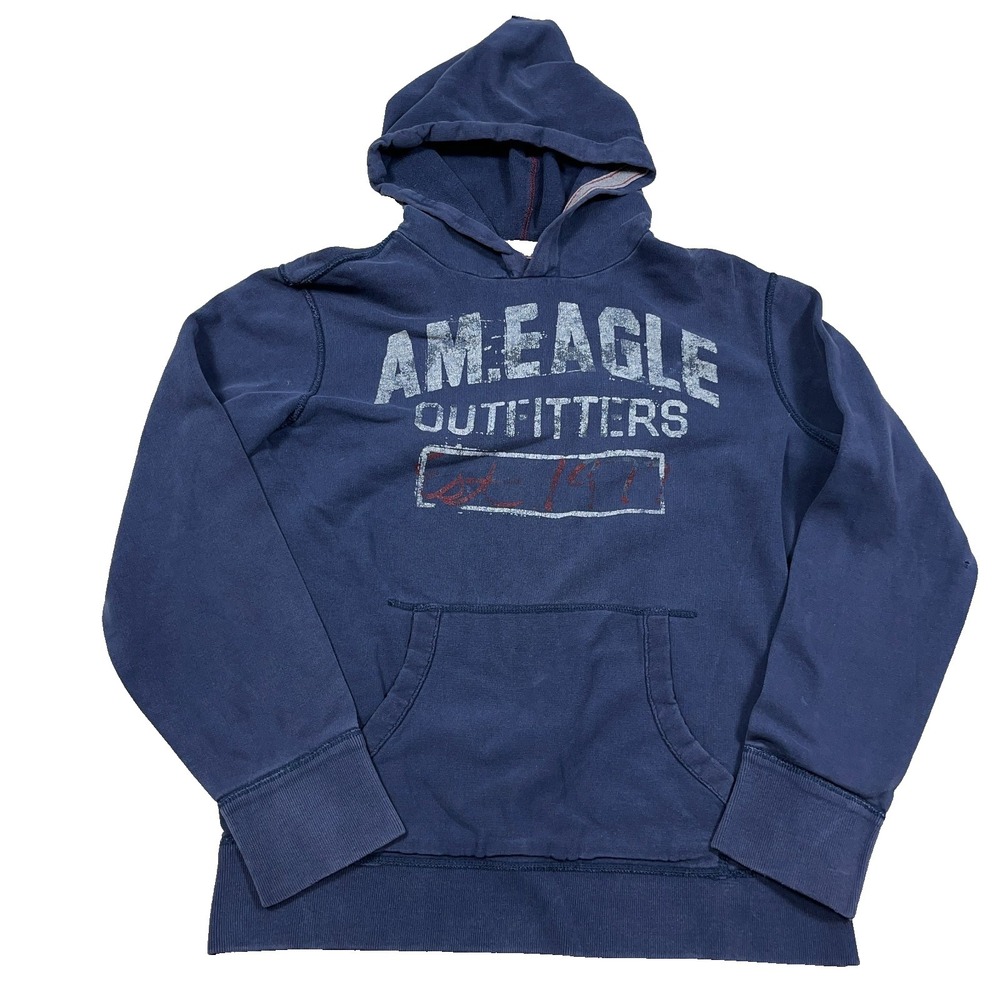 Vintage Y2K American Eagle Hoodie Men Large Faded Blue Sweatshirt AE77 Spellout